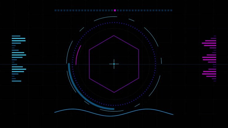 Futuristic Digital HUD Interface with Rotating Hexagon