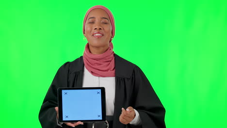 instruction, muslim woman and green screen