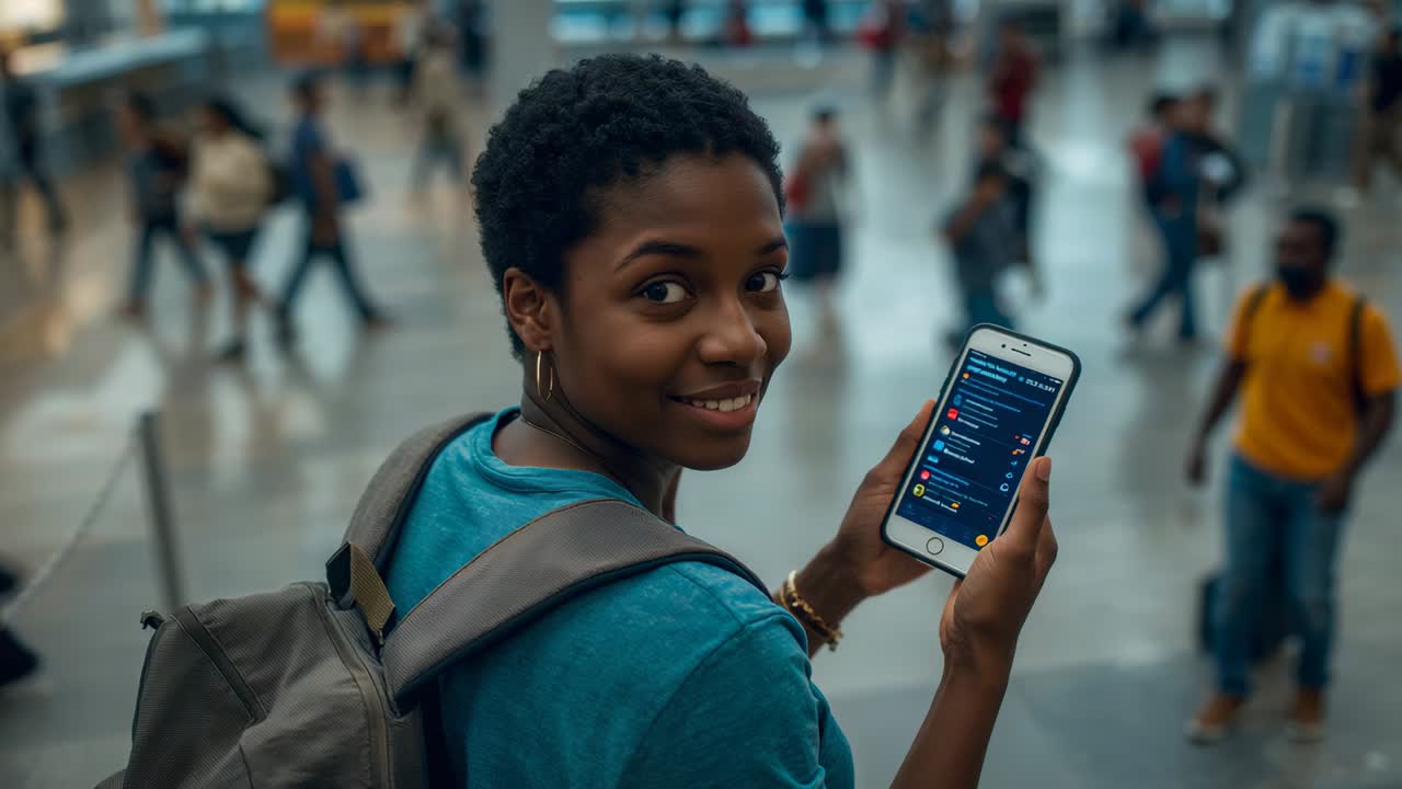 Showing phone, woman in teal with gray backpack on mezzanine, glancing right as crowd moving below