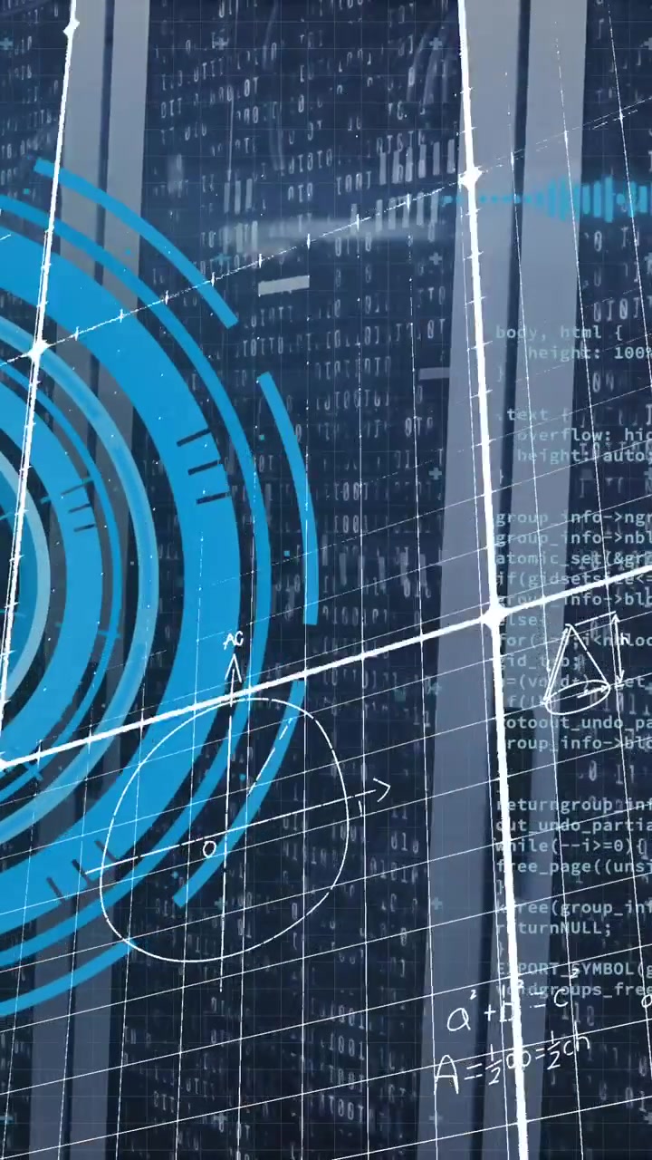 Animation of mathematical equations, data processing and round scanner against computer server room