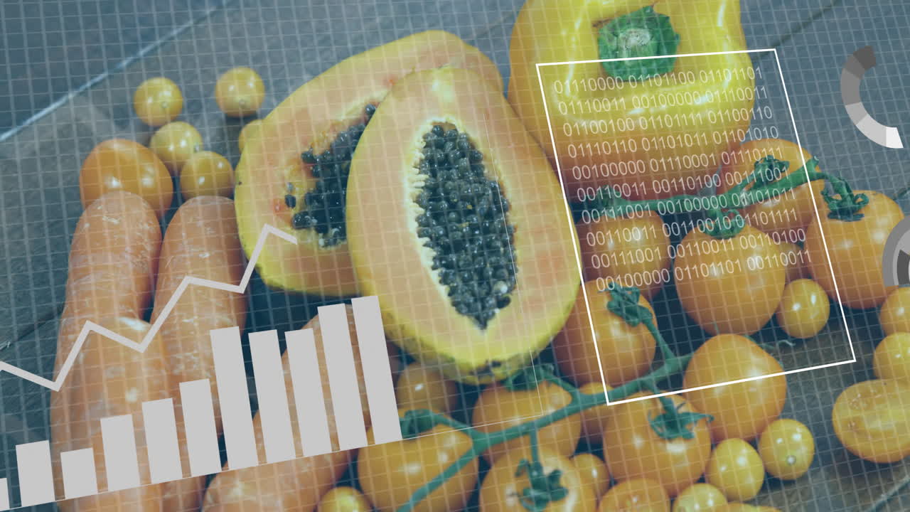 Animation of papayas and tomatoes with data charts and binary code overlay