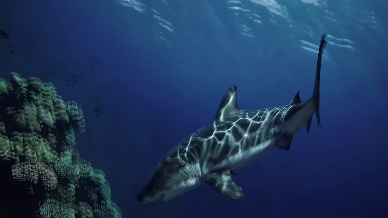 Underwater video captures a shark swimming near coral reefs