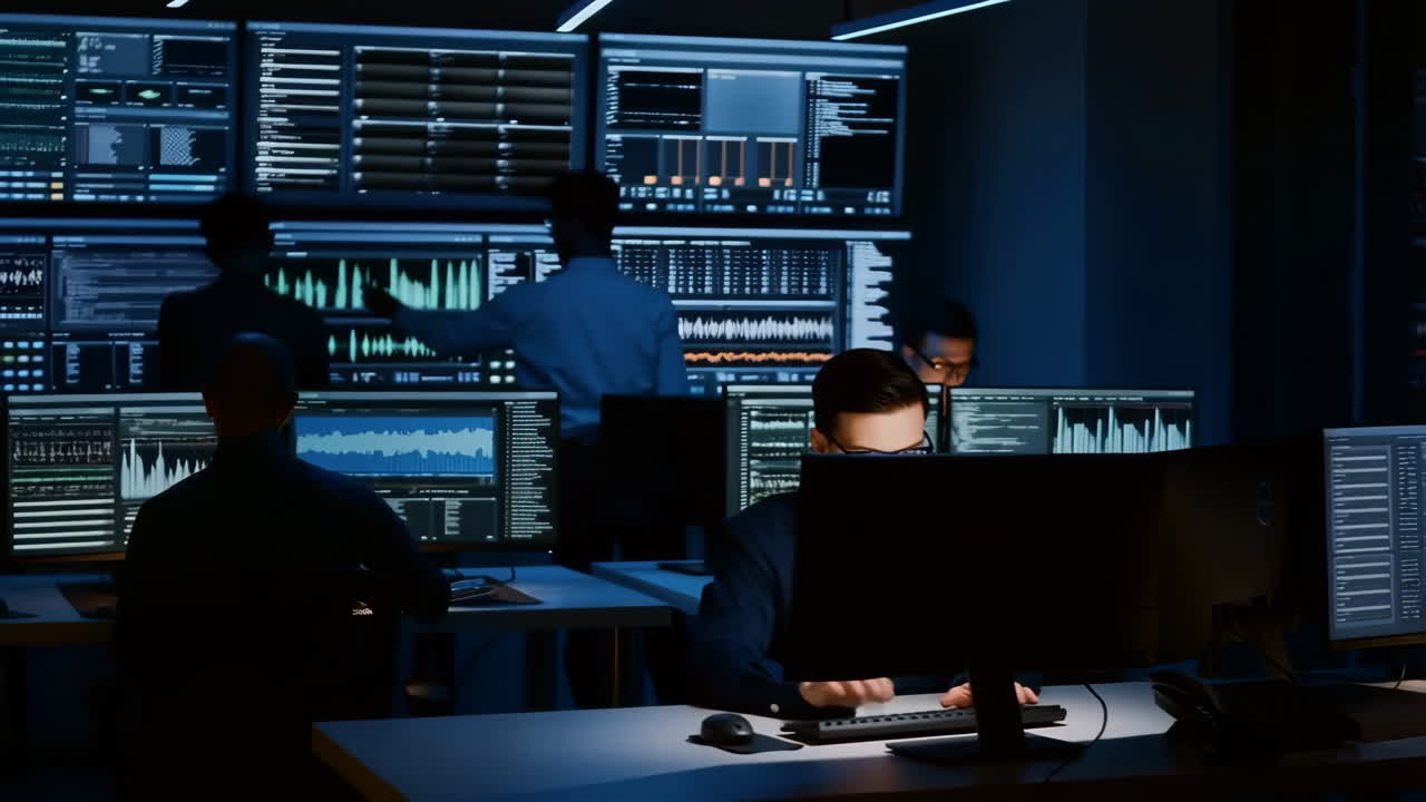 IT Professionals Working in a Dark Control Room with Multiple Monitors