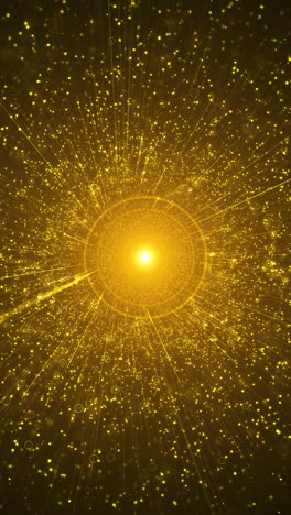 Dynamic video of glowing yellow particles scattering outward from bright center light radiant rings