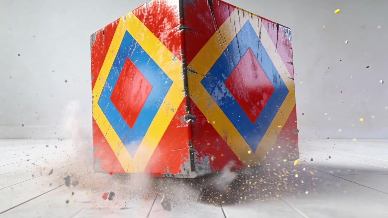 Falling painted cube striking studio floor panels, sending dust and paint chips from metal corners