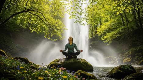 a serene moment of meditation amidst nature's beauty: a meditative individual on a rock surrounded by lush greenery and a majestic waterfall