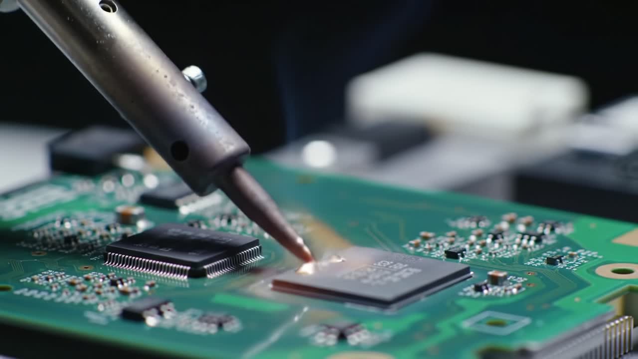 Precision Soldering Technique on a Circuit Board: Capturing the Intricate Process of Attaching Components with Heat as Expert Hands Ensure Quality and Reliability