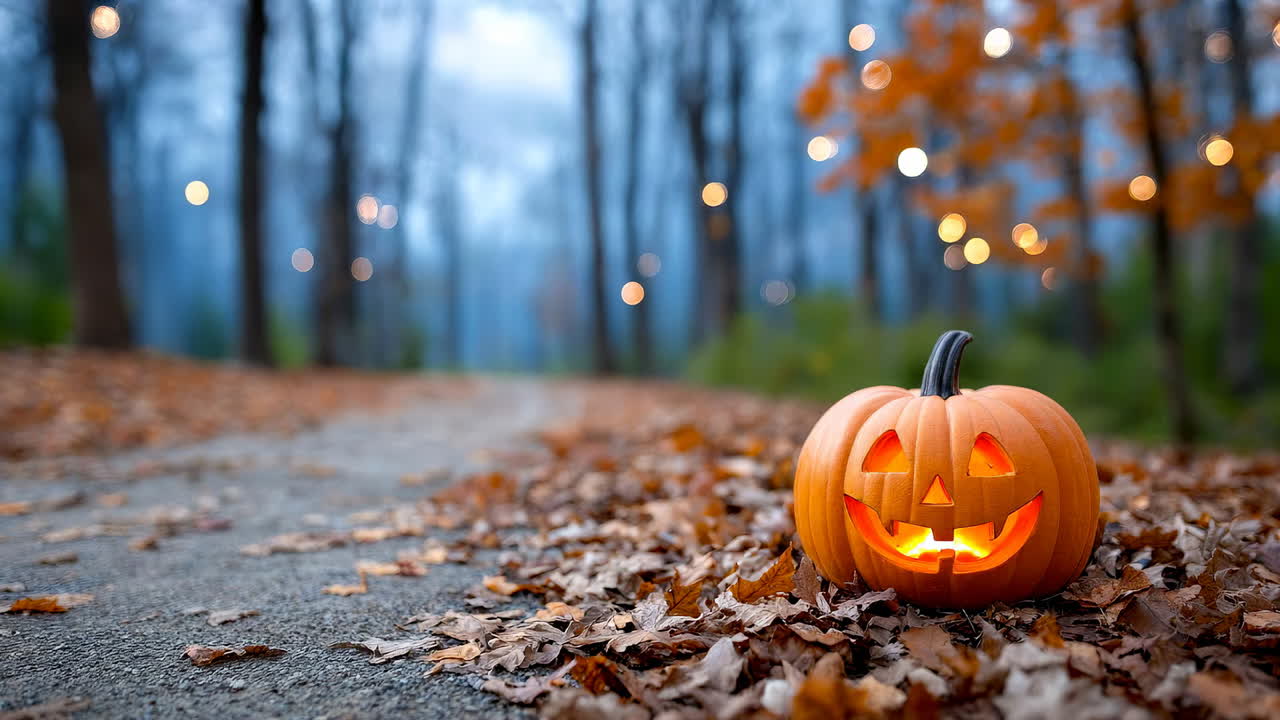Glowing Halloween pumpkin in the autumn forest. A carved jack-o'-lantern glows brightly on a forest path surrounded by fallen autumn leaves and warm evening lights