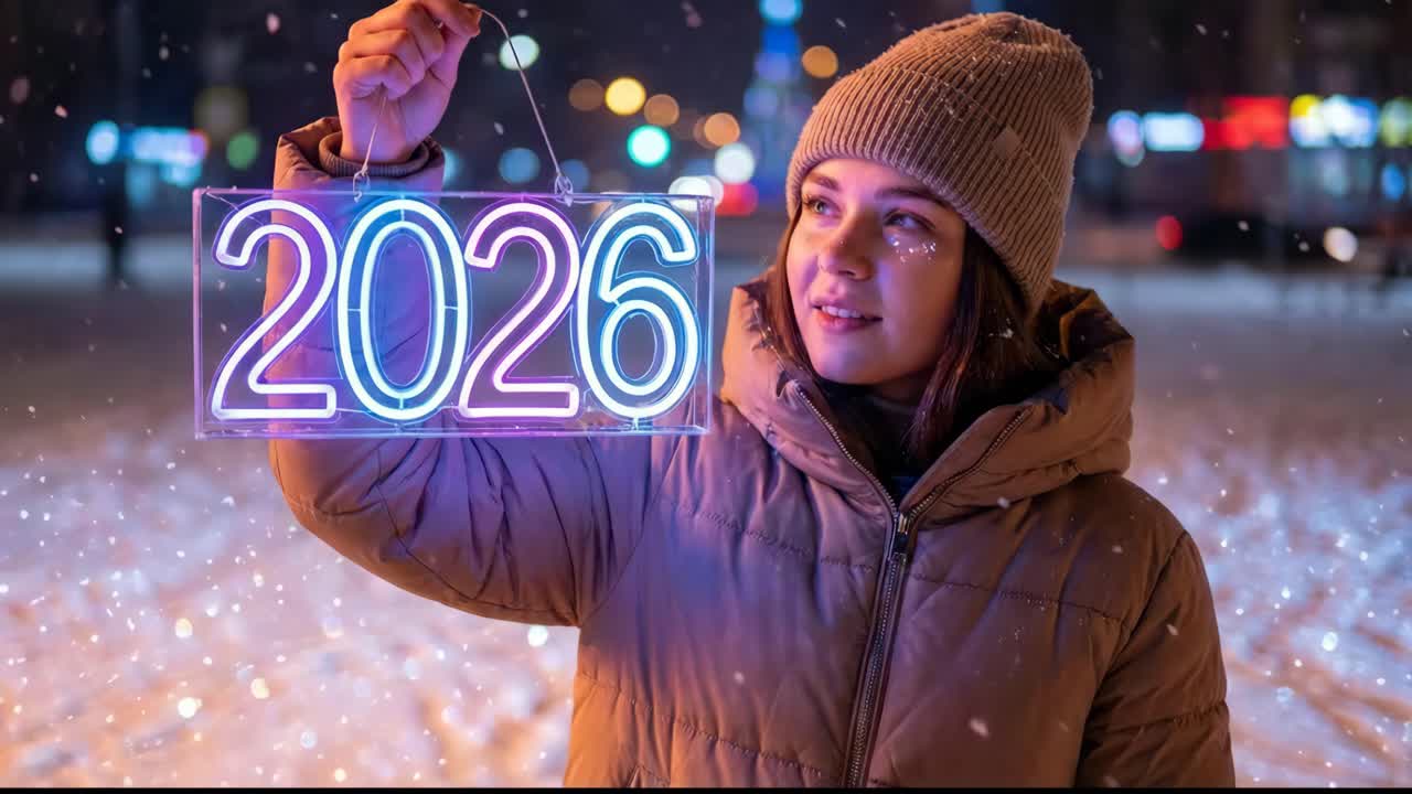 Donna che regge un cartello al neon con scritto "2026" in una città invernale