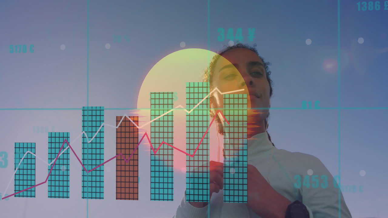 Exercising outdoors, woman with animation overlay of graphs and charts