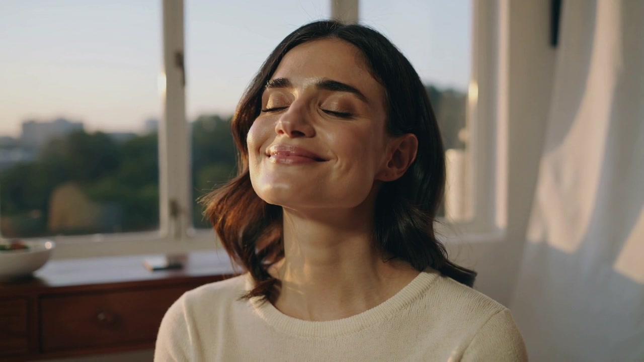 Donna sorridente con maglione color crema che si affaccia alla finestra di casa, con la luce calda del sole che cade, mostrando una cassettiera e un telefono.