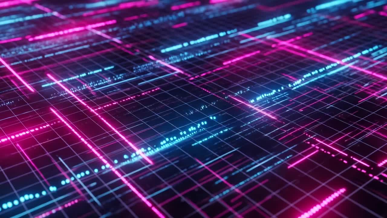 Dynamic Visualization of Digital Data Flow with Neon Colors Representing Information Streams on a Grid Pattern in a High-Tech Environment