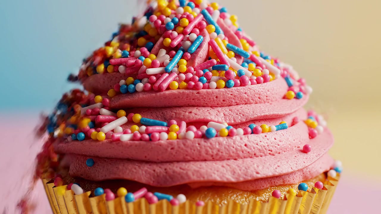 Delizioso cupcake con glassa di crema al burro rosa e zuccherini festivi