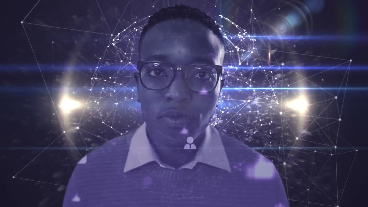 animazione del ritratto di un uomo d'affari contro la rete di connessioni che gira