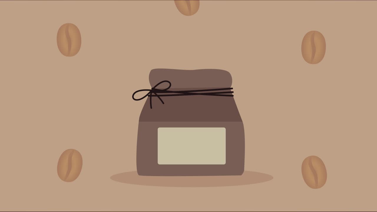 coffee beverage animation with grains and bag
