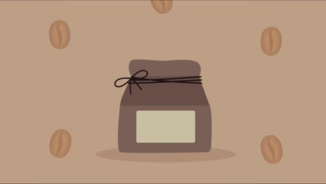 animación de bebida de café con granos y bolsa