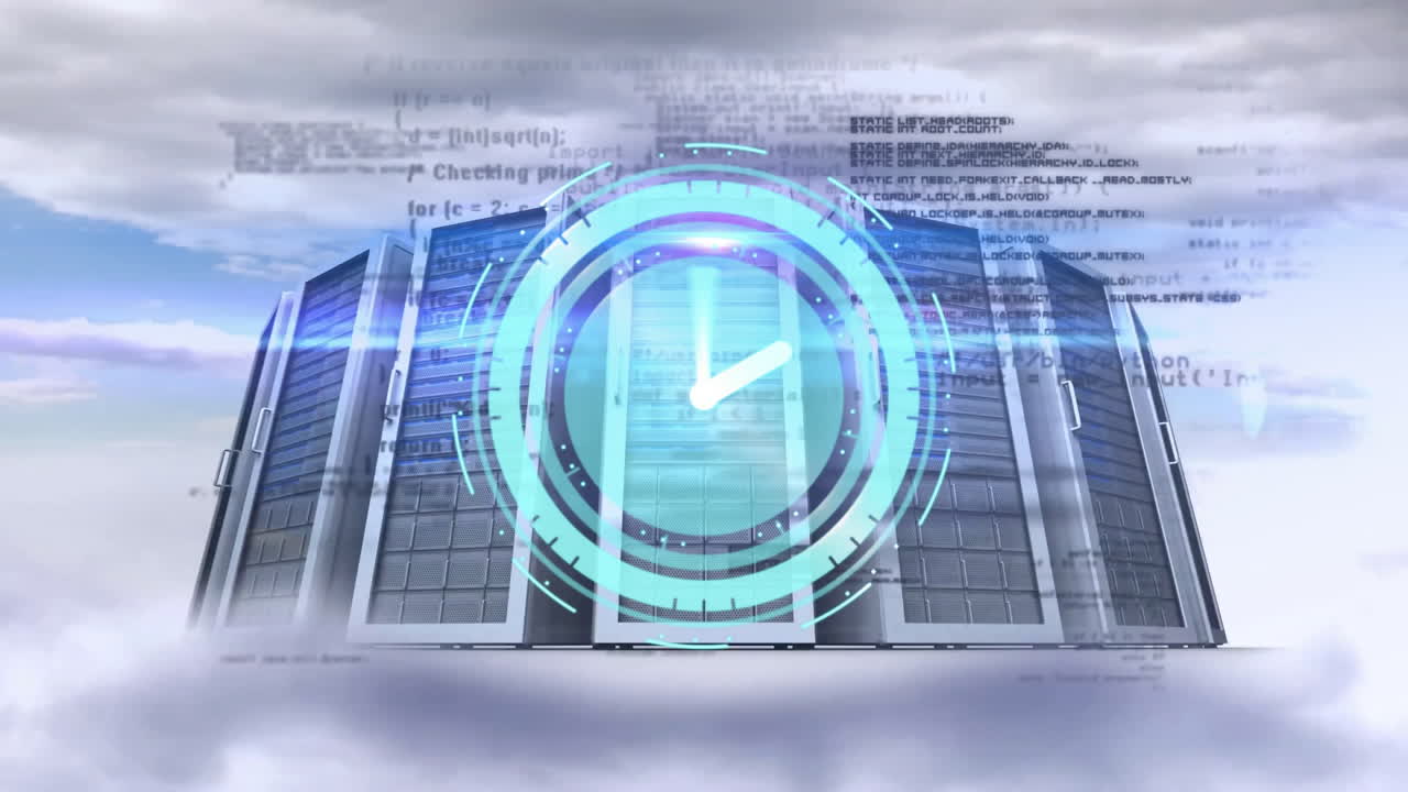 Digital clock animation over data center in clouds with programming code