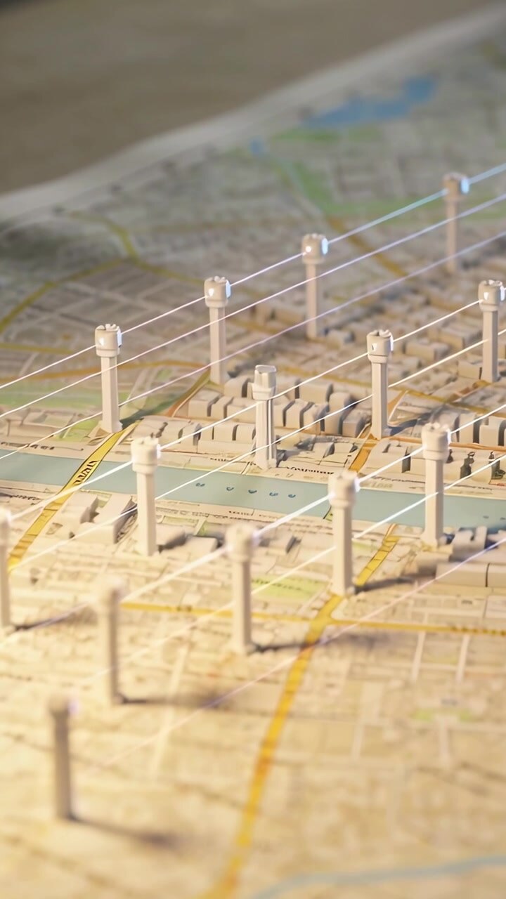 Vertical video: Panning camera revealing bridge model on map showing posts and strings for scale