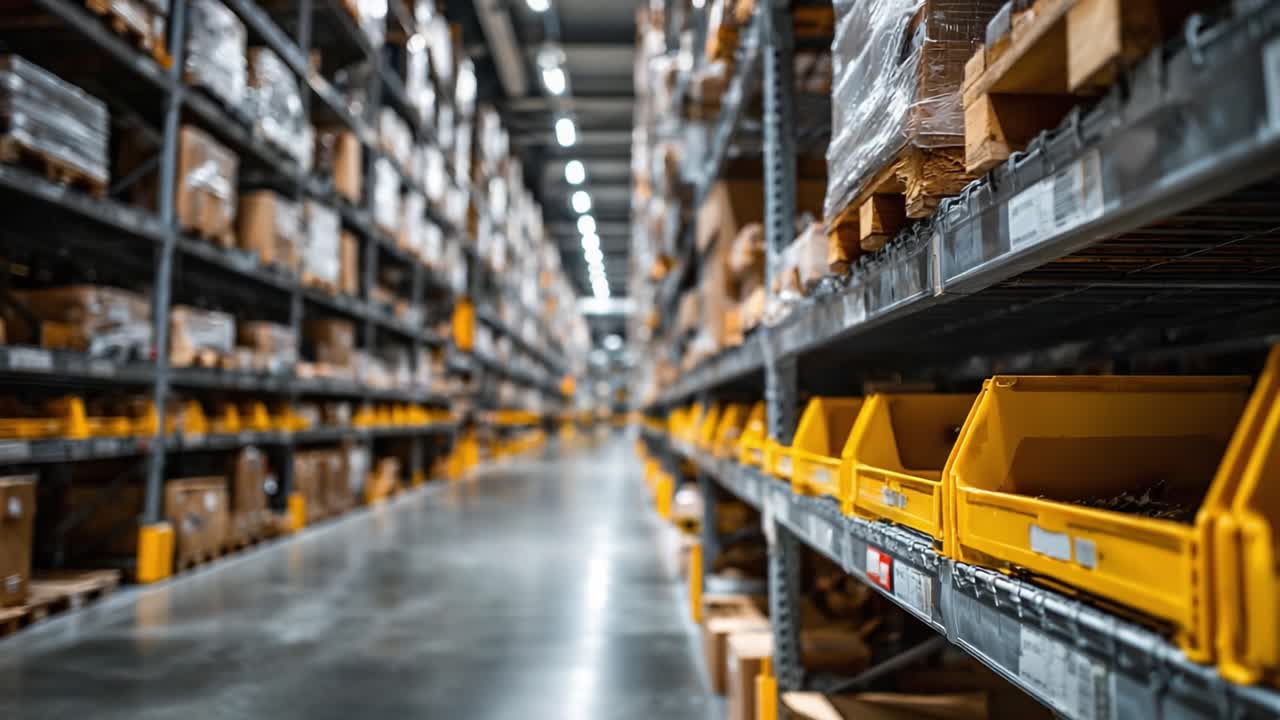 A Vast and Organized Warehouse Scene Featuring Neatly Arranged Shelves and Storage Bins, Highlighting Efficient Inventory Management in an Industrial Setting