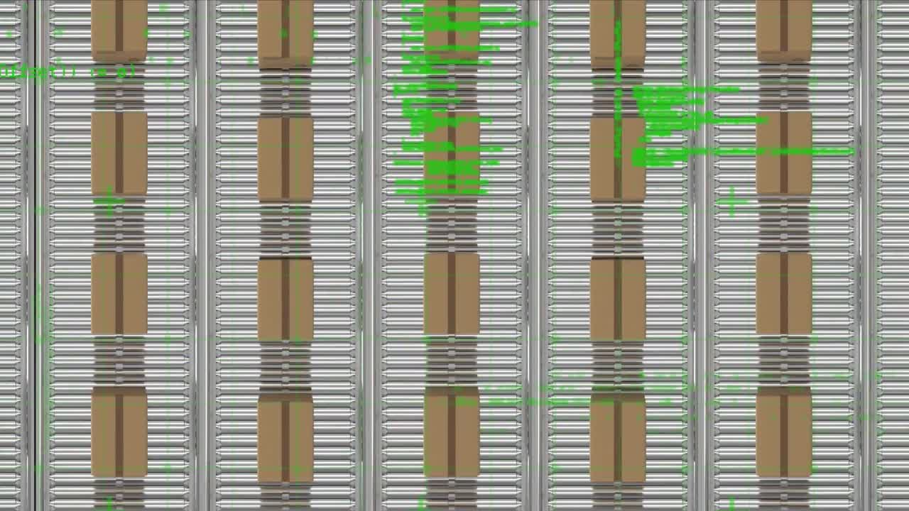 다중 컨베이어 벨트에 카드보드 상자 위에 컴퓨터 언어의 애니메이션