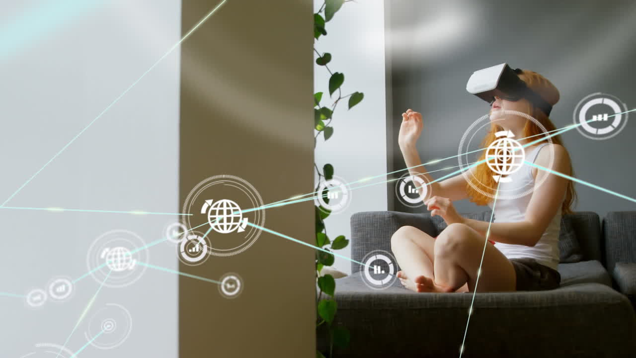 animación de la red de conexiones con iconos sobre la mujer que usa auriculares vr