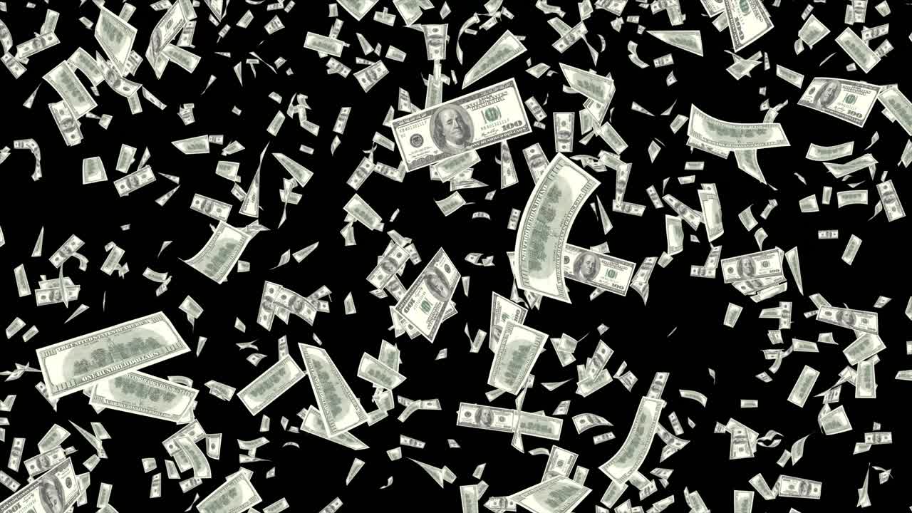 4k a lot of notes currency money dollar flying down with alpha background concept of economy crisis