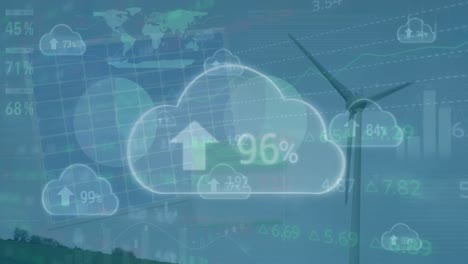 Animation-Von-Wolkensymbolen-Mit-Prozentangaben-über-Datenverarbeitung-Und-Windkraftanlage