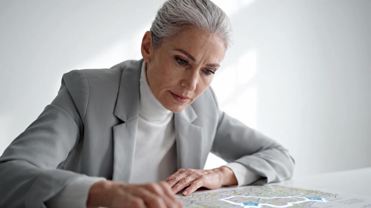 An Elderly Woman Analyzing Map Directions with Focus and Intent in a Well-Lit Room, Highlighting Her Thoughtful Approach to Planning and Navigation