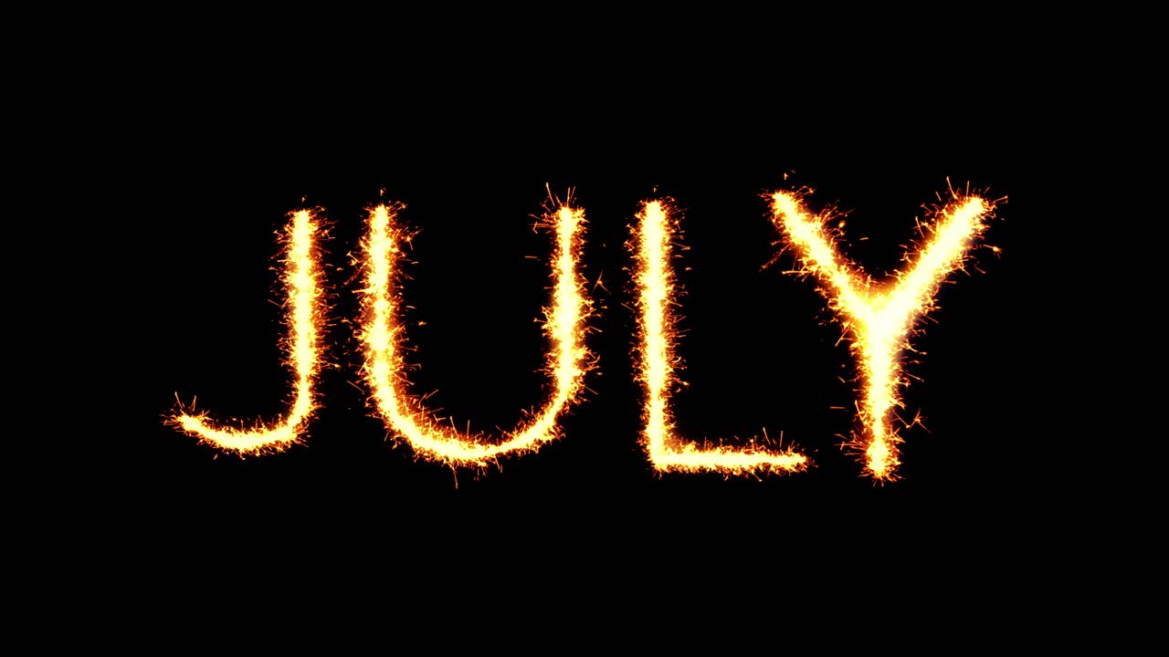 Testo "Luglio" scritto con scintille, con particelle glitterate e fuochi d'artificio su sfondo nero in loop 4K.