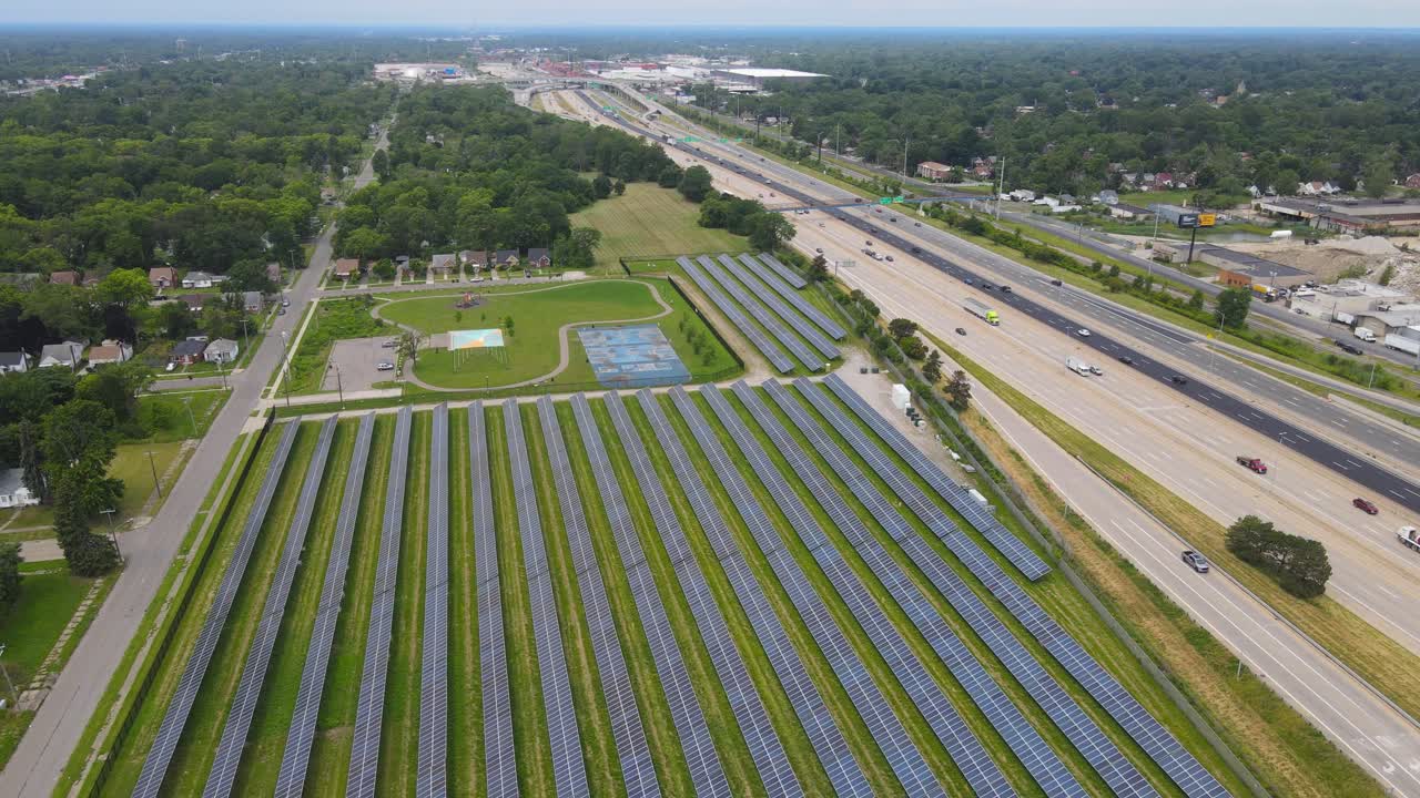 Solar Farm located in Plymouth I-96 neighborhood of Detroit Michigan, USA, aerial view