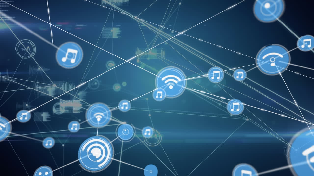 animación de música y iconos wifi conectados con líneas a través de ondas de sonido, lenguaje informático