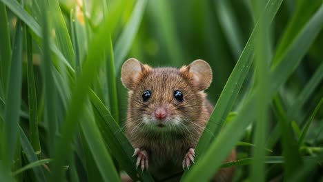 a curious mouse peeks through lush green grass, eyes bright with wonder and nature's beauty, capturing the essence of wildlife in its natural habitat