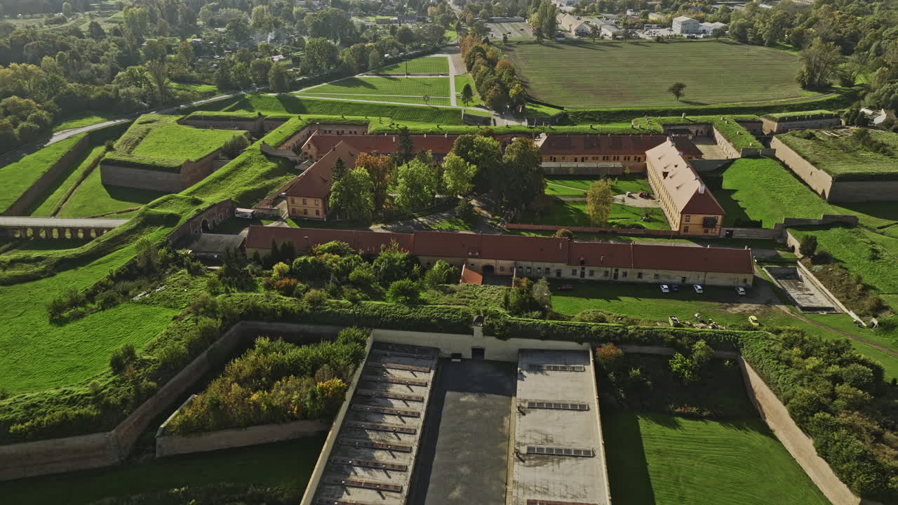 Terezin Czechia Aerial v1 birds eye view, flyover and around Theresienstadt concentration camp capturing exterior details of each quarters within the grounds - Shot with Mavic 3 Cine - November 2022