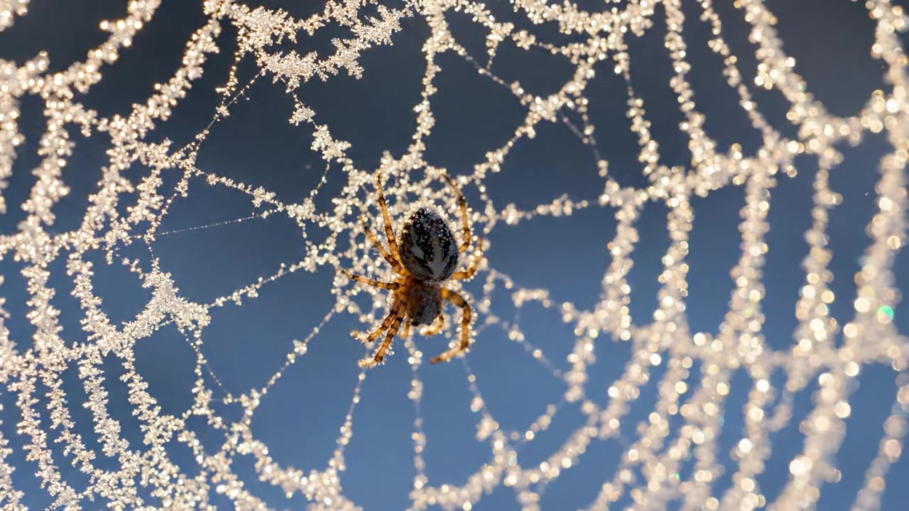 Una Ragnatela Affascinante Ricoperta di Brina che Scintilla nella Luce del Mattino, Mostrando Motivi Intricati e l'Arte Ghiacciata della Natura in un Paesaggio Congelato