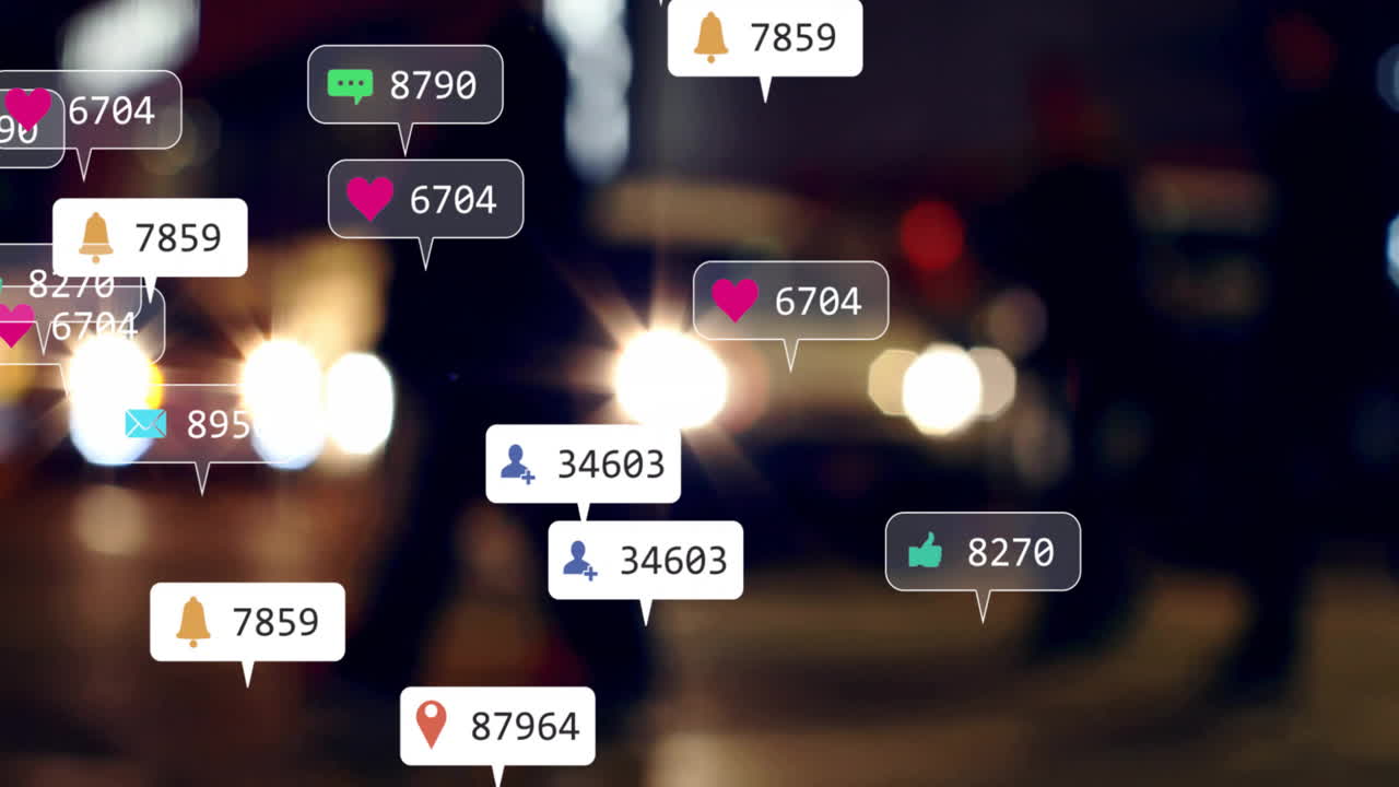 Social media notifications animation over people walking in city at night