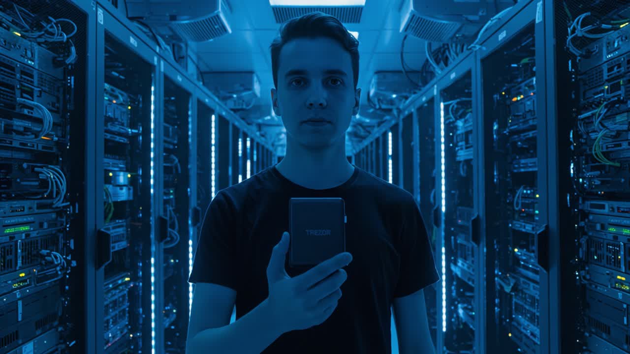 A Young Individual Standing in a Data Center, Holding a Portable Hard Drive, Surrounded by Server Racks Illuminated by Blue LED Lights, Symbolizing Technology and Innovation