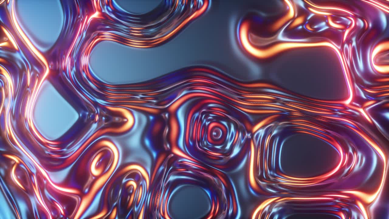 Abstract glowing 3d render holographic oil surface background, foil wavy surface, wave and ripples, ultraviolet modern light, neon orange blue pink spectrum colors. Seamless loop 4k animation