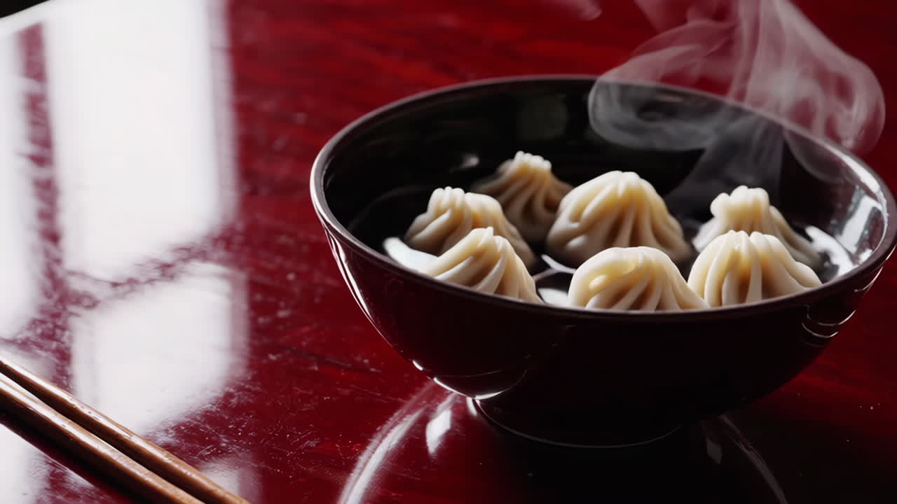 Steaming Hot Bowl of Dumplings in Soup