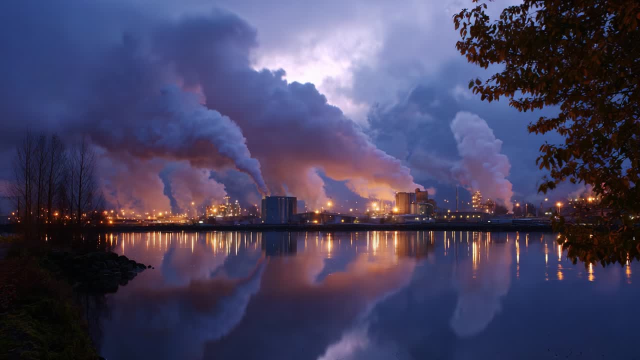 Et fængslende syn af industriel transformation: Mørk røg vælter ud fra fabrikker under en skumringshimmel, der spejler sig i en flods stille vand, og indfanger essensen af byudvikling og miljøpåvirkning