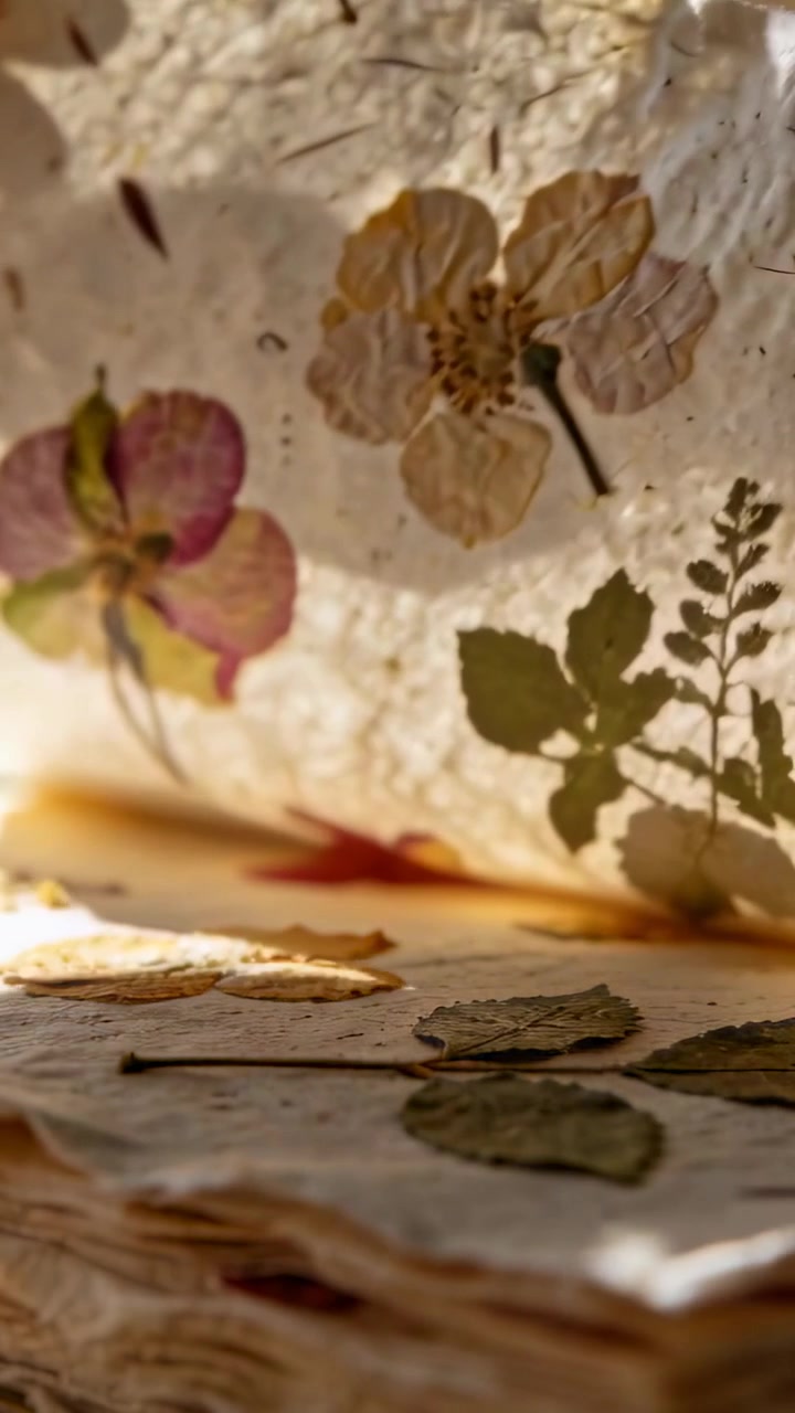 Video vertical: Levantando una hoja de una formadora de papel artesanal sobre cristal, el borde izquierdo revelando flores prensadas