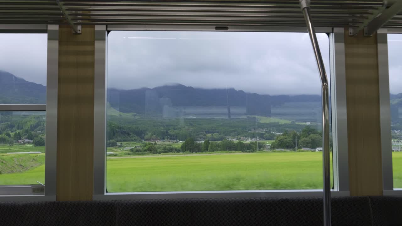 View from a Train Window: Rural Landscape with Mountains