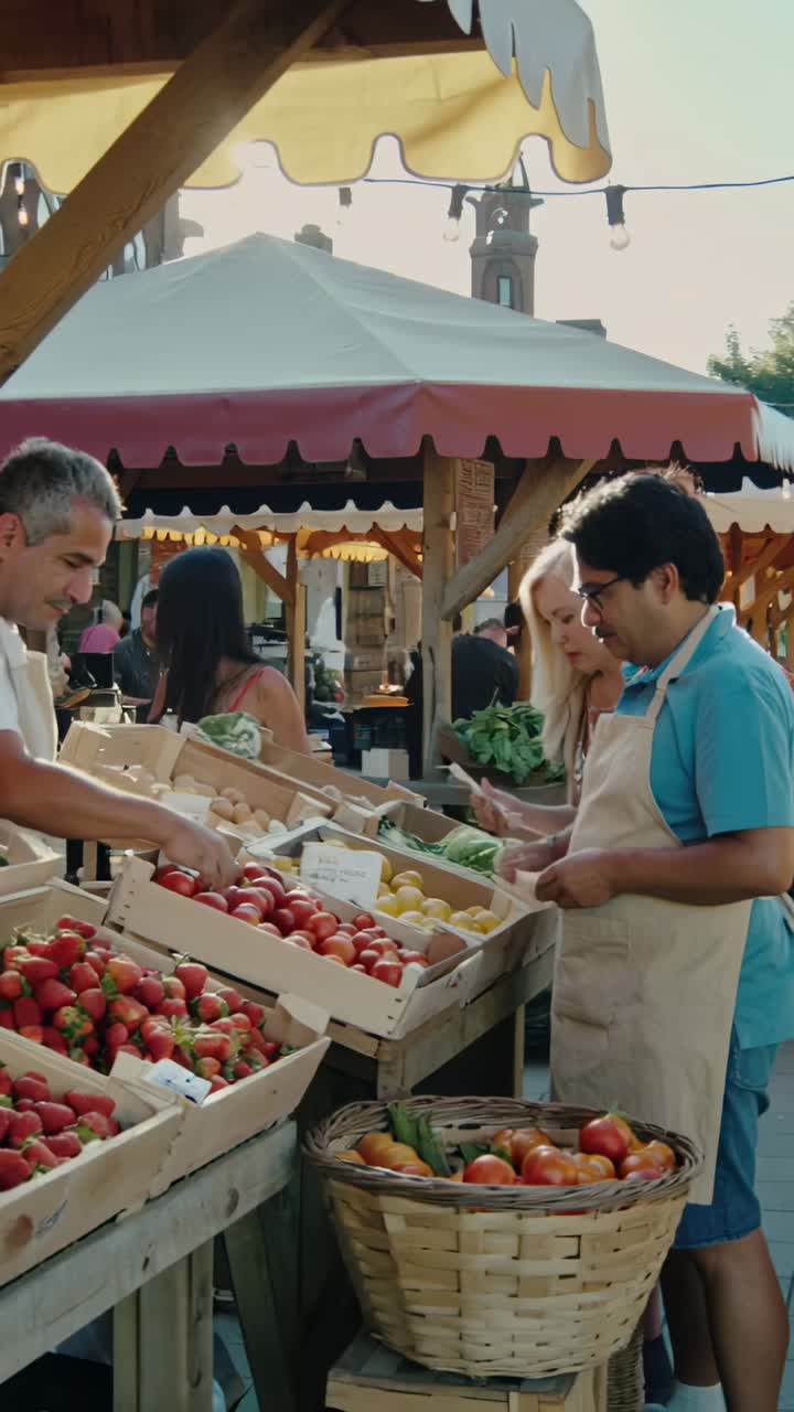 Vertical video: Arranging vendor sorting tomatoes lemons for customers at market, copy space