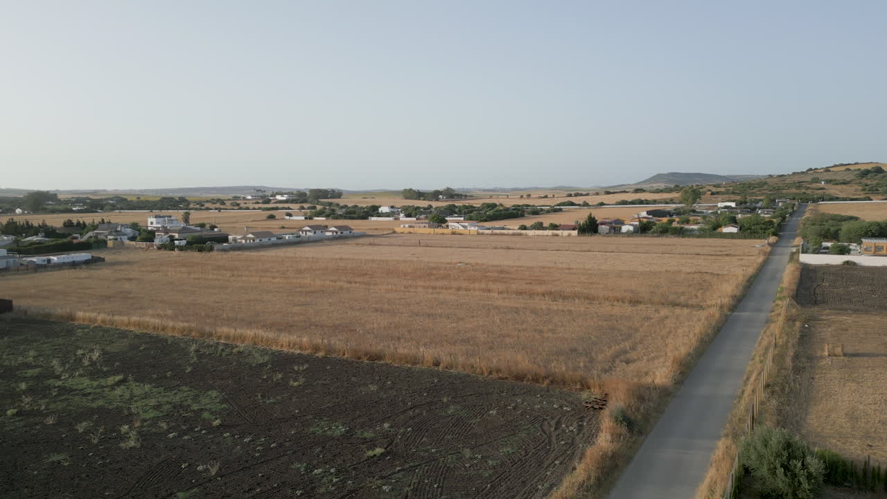 disparo de drones volando hacia adelante al atardecer sobre una granja de trigo en el sur de españa al atardecer en verano