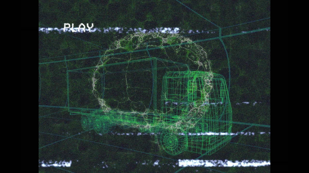 Animation of play screen with glitch and human brain over 3d drawing model of lorry and grid