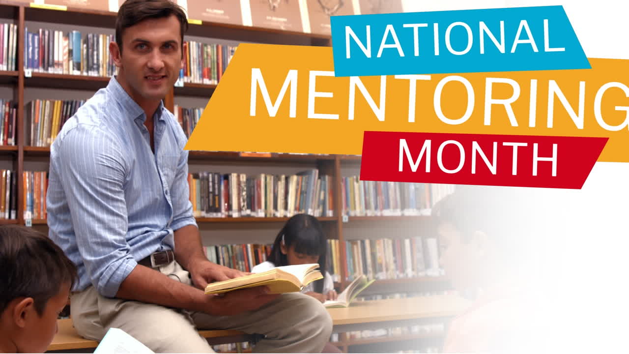 animación del texto del mes nacional de tutoría sobre un maestro sonriente con escolares diversos