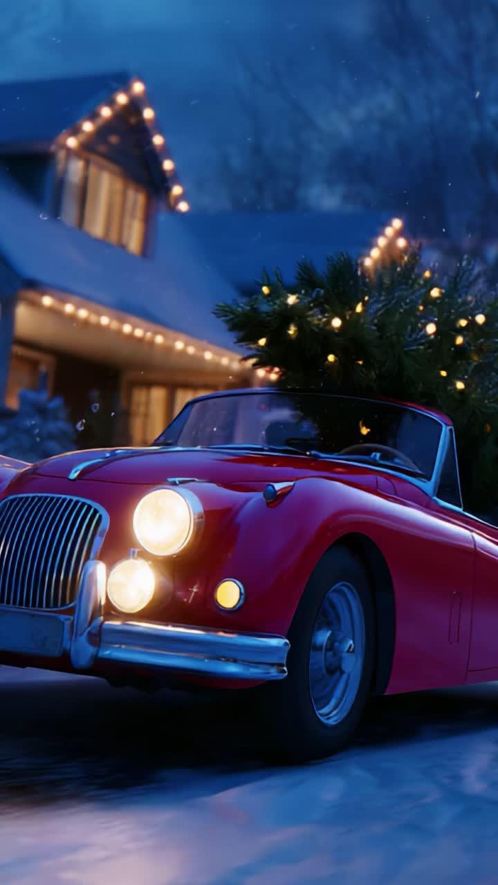 A Festively Decorated Classic Convertible Car with a Pine Tree on Top, Radiates Joy and Holiday Spirit During a Winter Evening, Illuminated by Soft Lights Amidst a Snowy Enchanting Neighborhood Backdrop