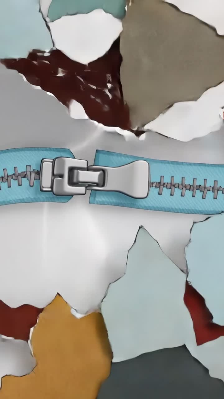 Vertikal video: Blå glidelåsglider glir fra venstre og avslører revet papir, utskrifter, gnist i studio