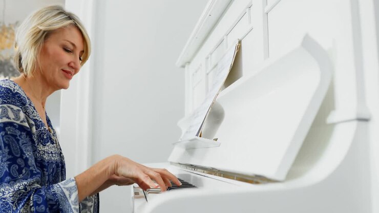 Woman playing piano at home 4k