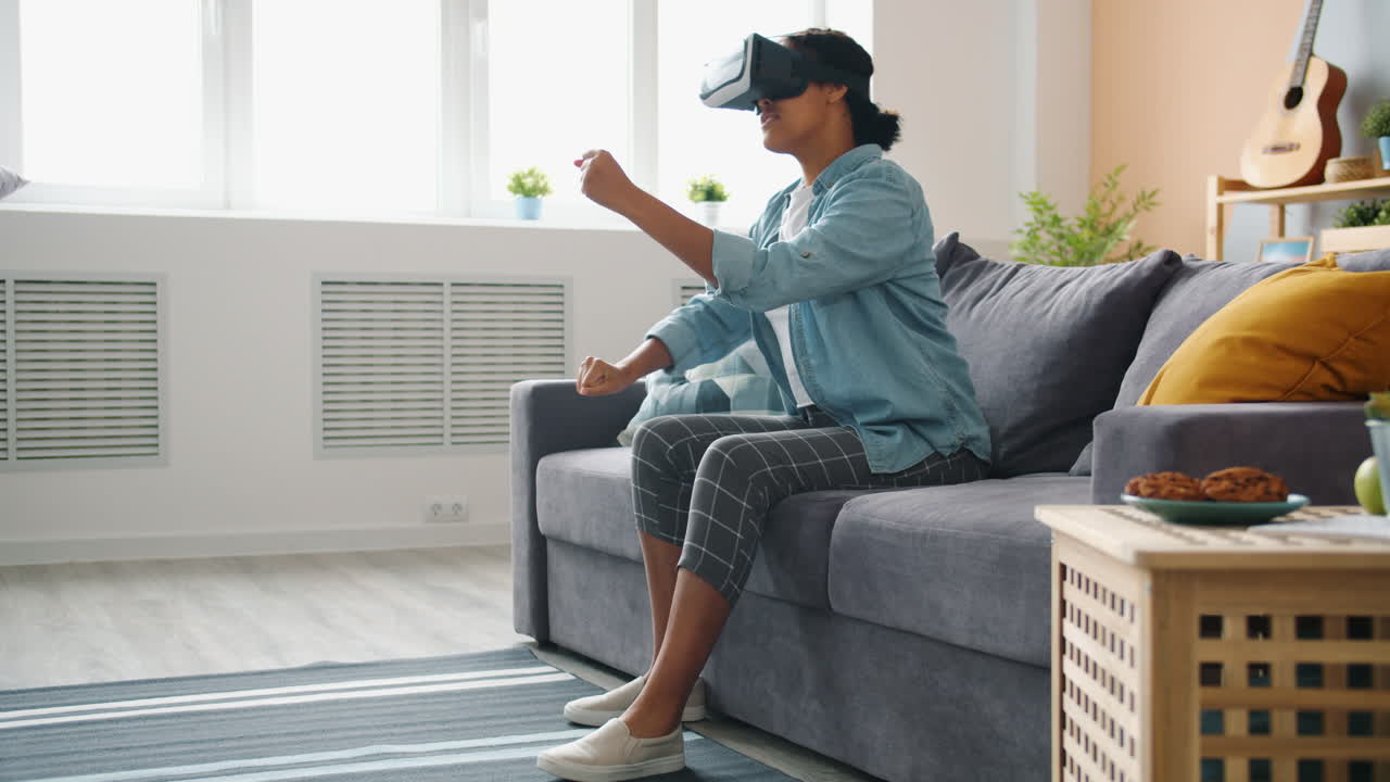 Woman experiencing virtual reality at home
