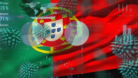 Makro-Corona-Virus-Breitet-Sich-Aus,-Im-Hintergrund-Weht-Die-Portugiesische-Flagge
